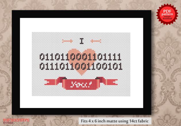 Love in binary code cross stitch
